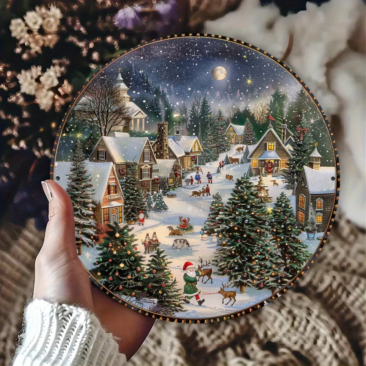 2D Flat, 1pc Christmas Village Metal Wall Sign - 20.32cm Round Iron Holiday Decor with Santa, Reindeer & Snowy Scene, No Electri