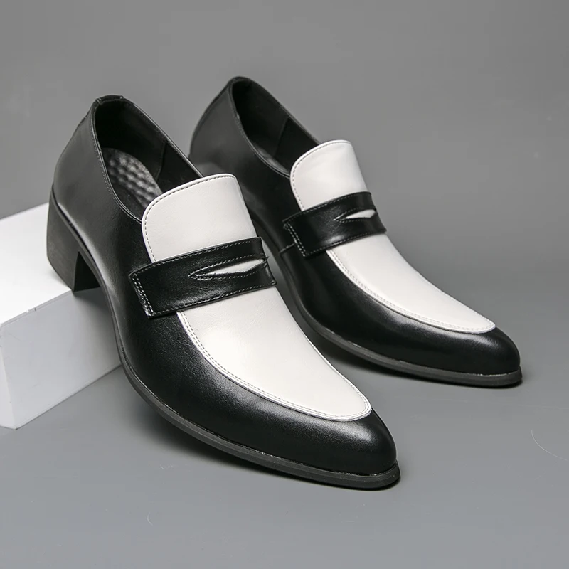 

High Quality Spring Comfortable Thick Soled Casual Leather Shoes Men High Heeled Height Increasing Classic Color Blocked Loafers