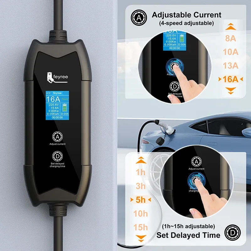 feyree EV Charger Type2 16A 3.5kW Portable Charging Box 5M Cable GBT Socket Type1 J1772 Adapter for Electric Vehicle Car Charger