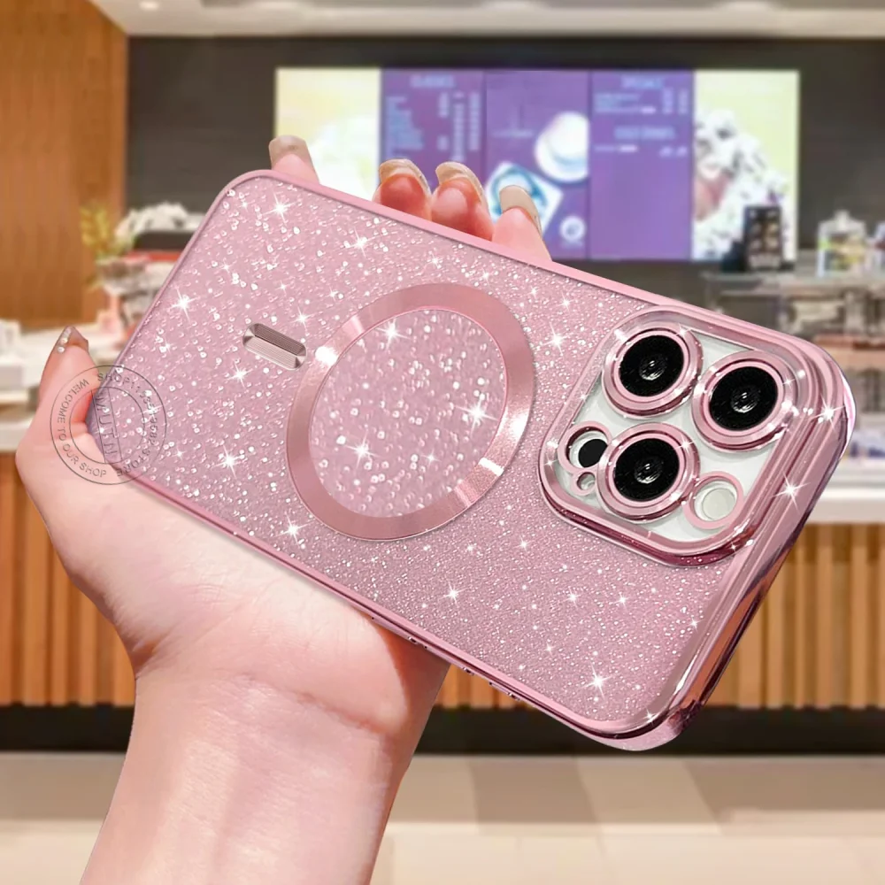 Glitter Bright Cover For iPhone 16 15 14 13 12 11 Pro Max Plus Magsafe Plating Soft Wireless Charging Bling Shining Sparkly Case - náhled 2
