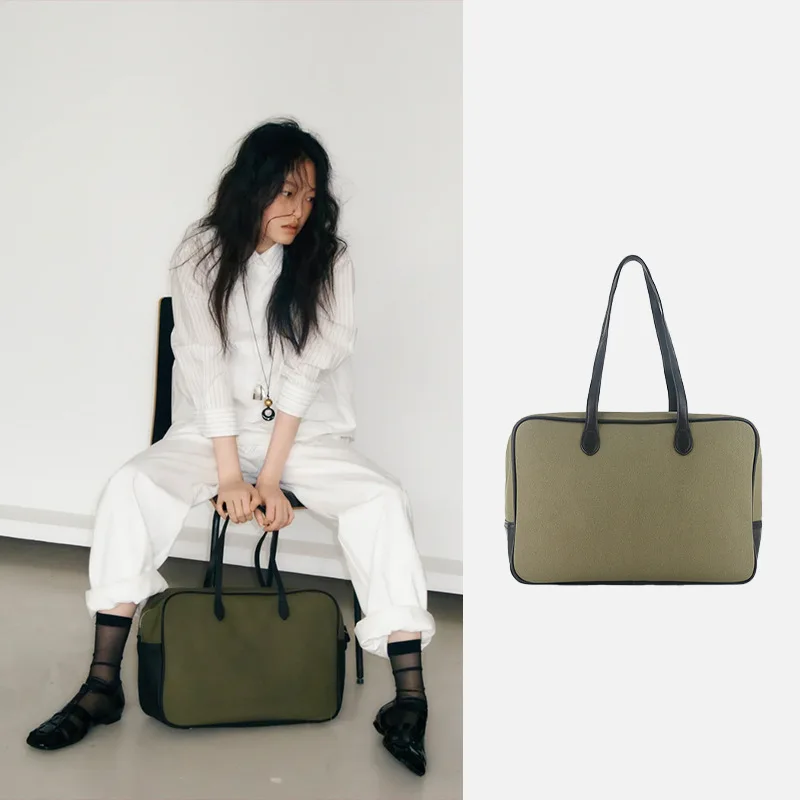 

FIRMRANCH Minimalist Square Design Large Capacity Boston Bag Army Green Canvas Cowhide Women's Single Shoulder Underarm Purse