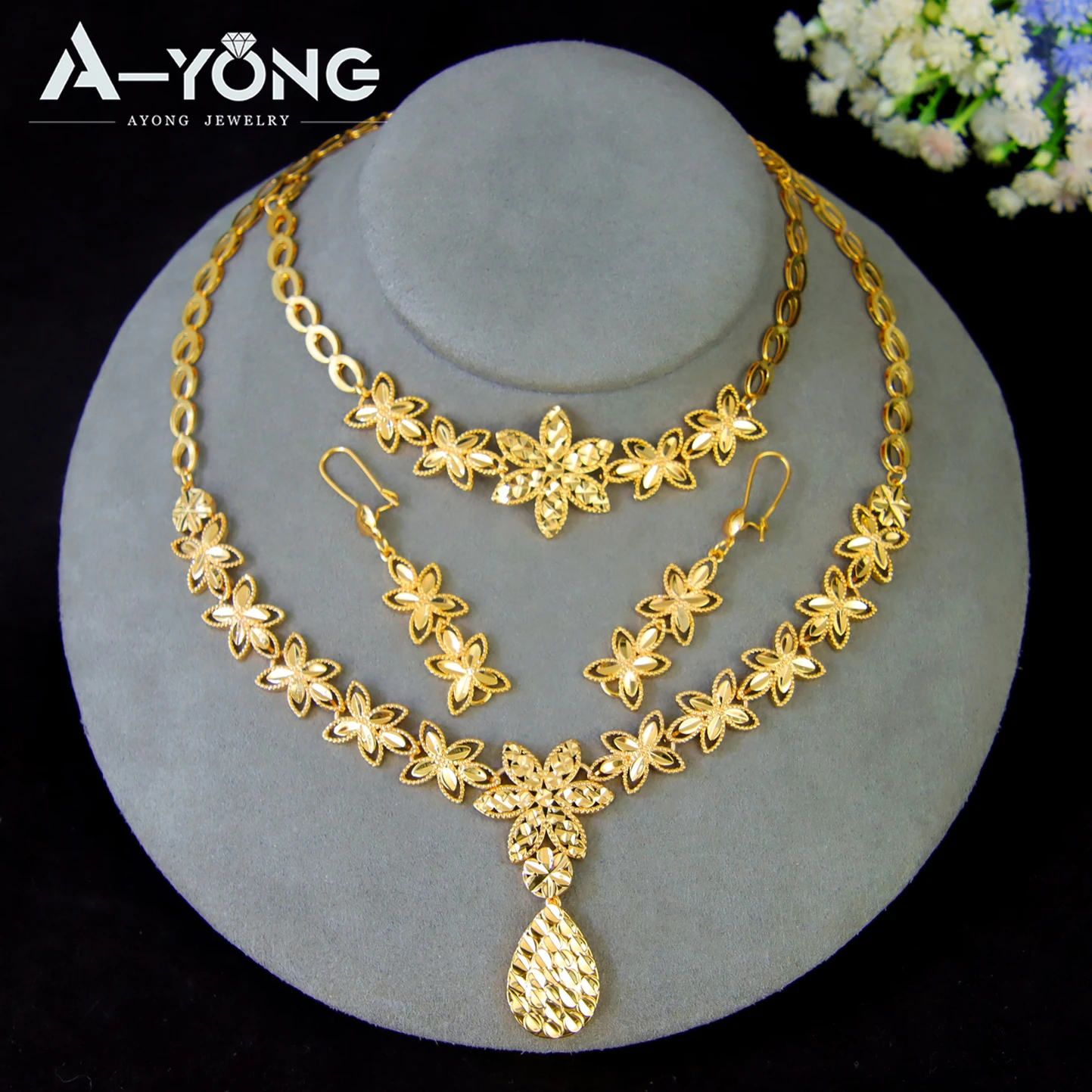 Luxuriöses Dubai Brautschmuck-Set 21k Vergoldet Nigeria Elegante Halskette Armband Ohrringe Arabischer Frauen Party-Schmuck – Detail 10
