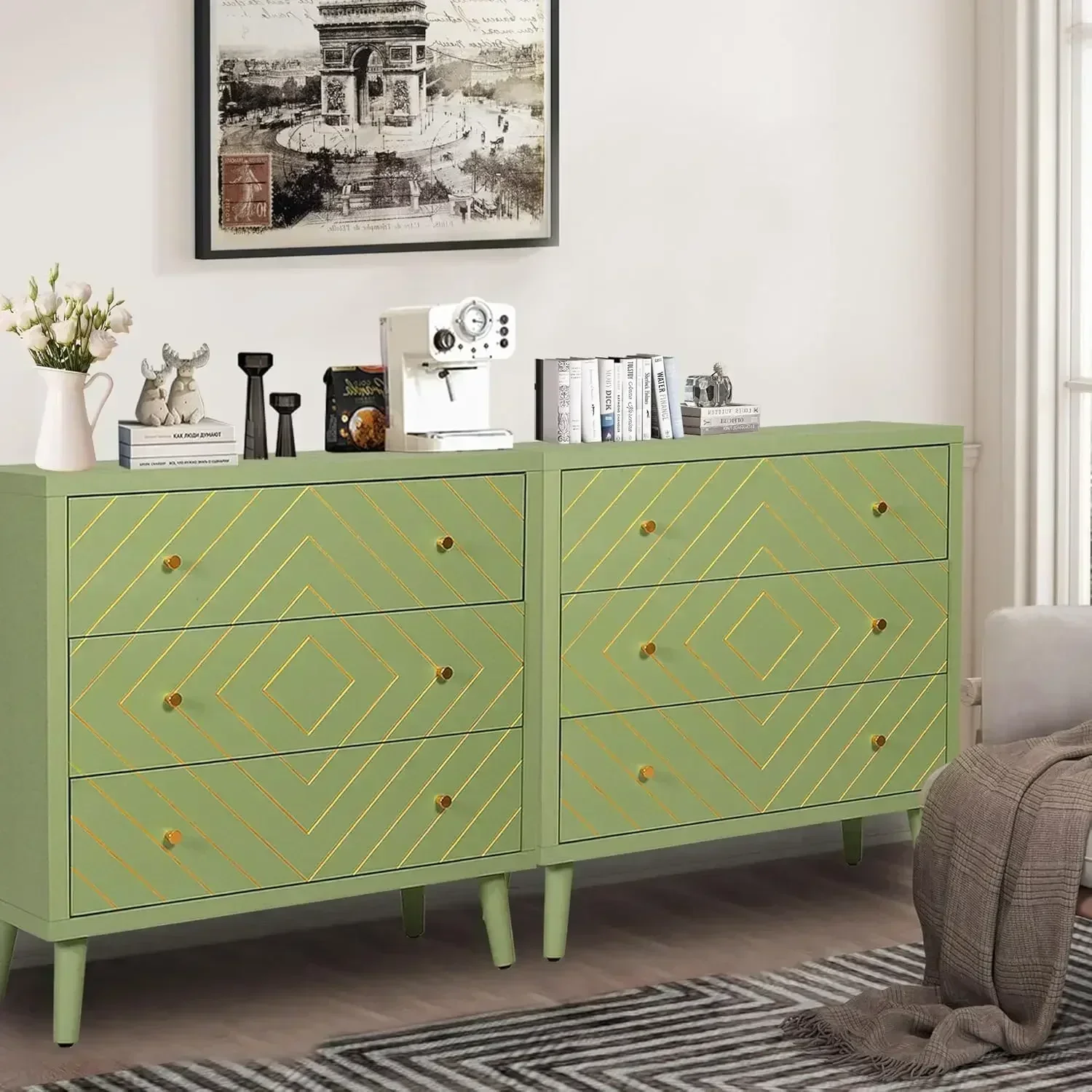 BestsellerBestseller3 Drawer Dresser Set of 2 for Bedroom,Modern Chest of Drawers, Wood Large Nightstand, Hand-Painted Gold Trim