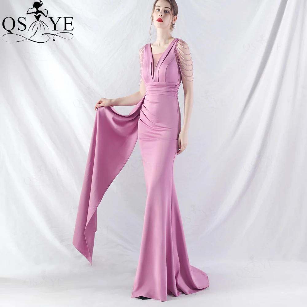 

Hot Pink Evening Dress Bead String Side Ribbon Slit Stretch Lapel V Neck Mermaid Prom Gown V Back Ruched Waist Women Party Dress