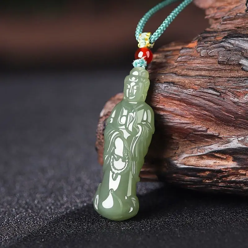 Natural Hetian Jade Shimizu Station Lotus Avalokitesvara Pendant Stand Lotus Guanyin Bodhisattva Simulation Jade for Men and Wom