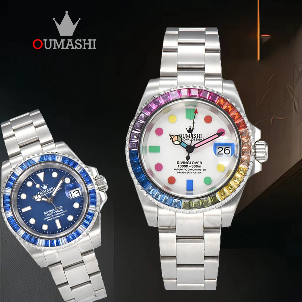 OUMASHI 40mm Men\'s Watch Japan NH35 Automatic Watch Rainbow Circle Stainless Steel Case Sapphire Crystal Diving Watch