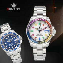 OUMASHI 40mm Men's Watch Japan NH35 Automatic Watch Rainbow Circle Stainless Steel Case Sapphire Crystal Diving Watch