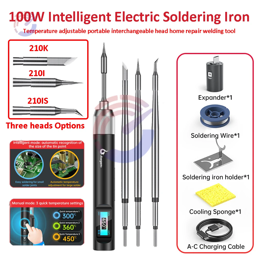 

100W Intelligent Electric Soldering Iron Automatic Recognition Soldering C210 Tips Type-C/DC 5-20V Welding Station DIY Set