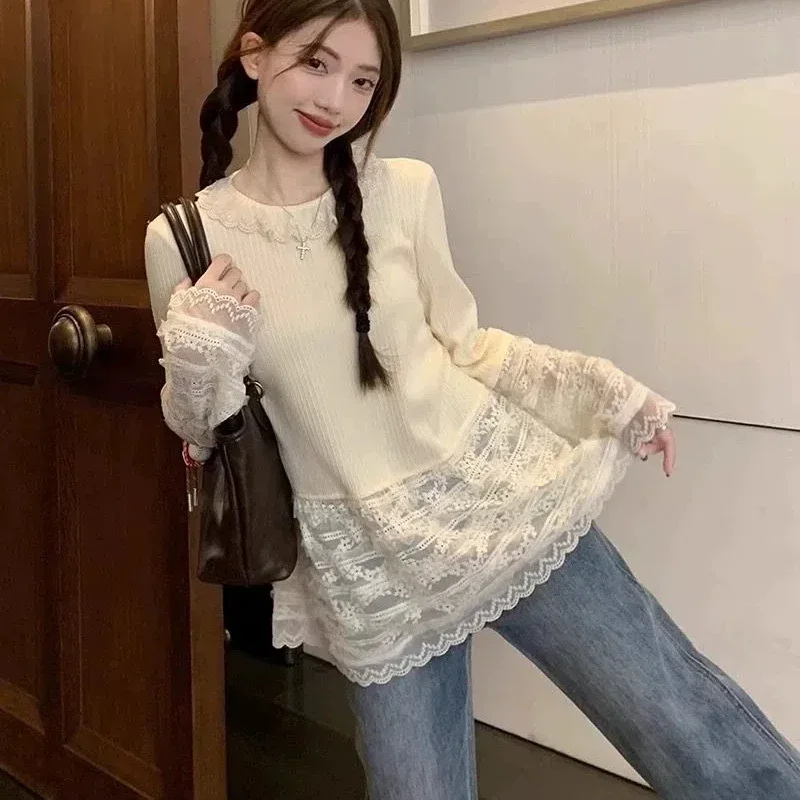 

Sweet Lace Patchwork T Shirts Spring Autumn New O-neck Long Sleeve Youth Loose Tops Fashion Casual Korean Women Clothing S752