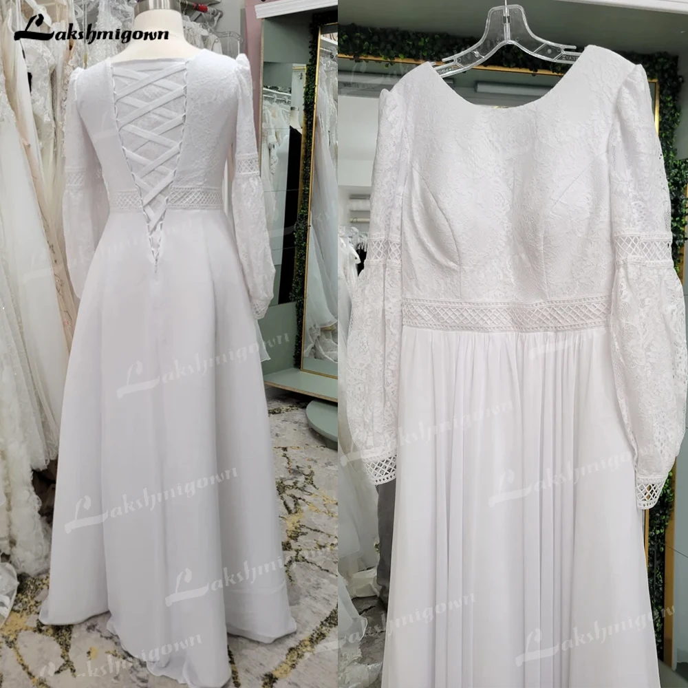 Bohemian Brautkleid maßge schneiderte Brautkleid lange Ärmel Chiffon eine Linie Spitze Mieder O-Ausschnitt Schnürung zurück Vestido Novia