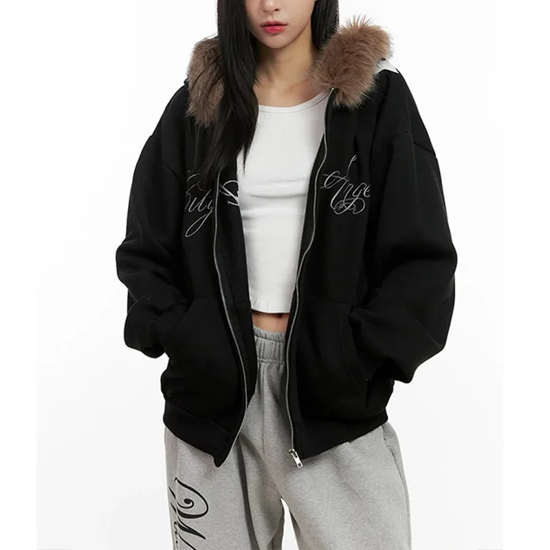 2025 automne et hiver nouveau personnalisé hiver rue mode tendance col de fourrure imprimé lettre fermeture éclair cardigan à capuche