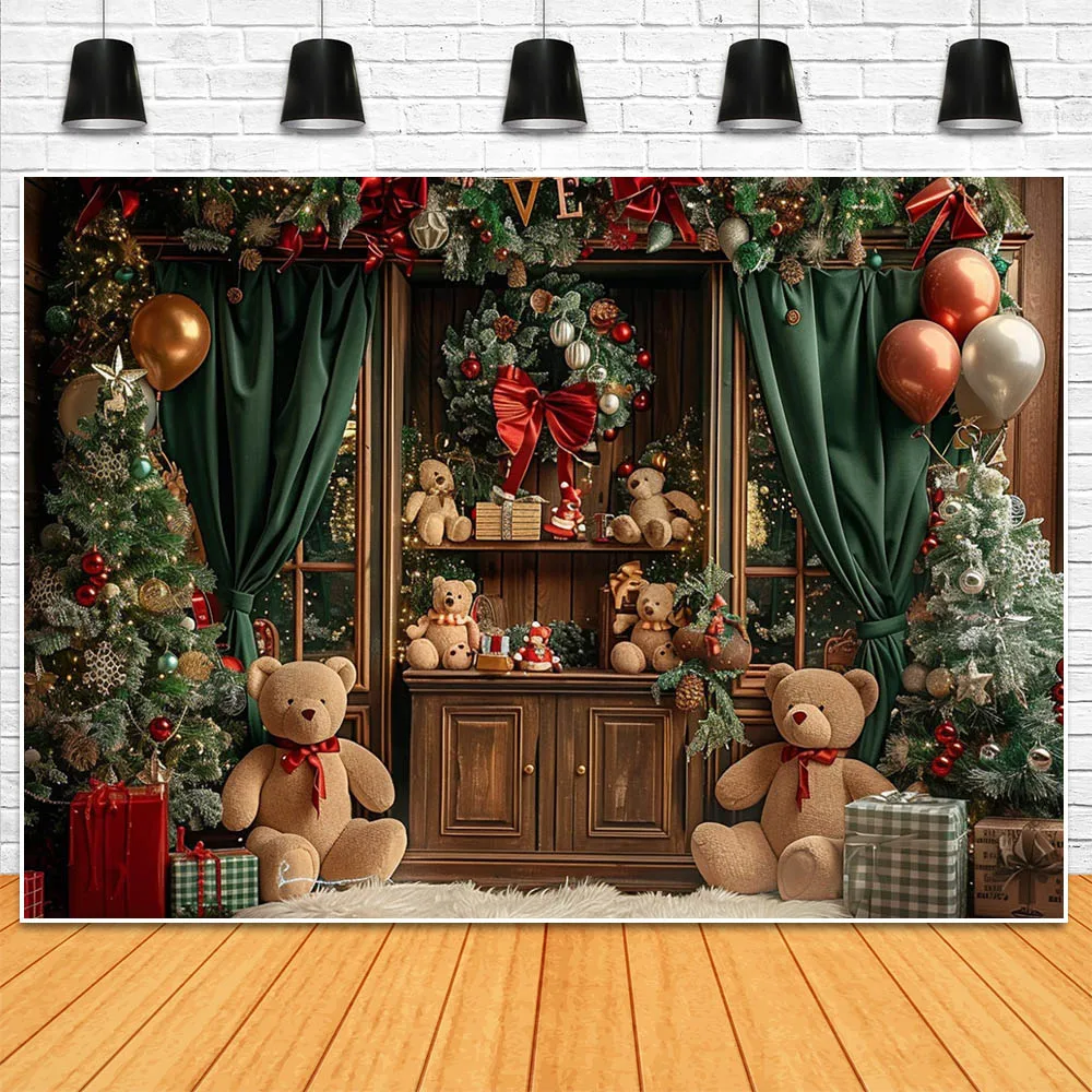 Mocsicka fondo de Navidad para fotografía, guirnalda de gabinete de madera, árbol de Navidad, oso, caja de regalo, fondos de fotos para bebés y niños, sesión fotográfica