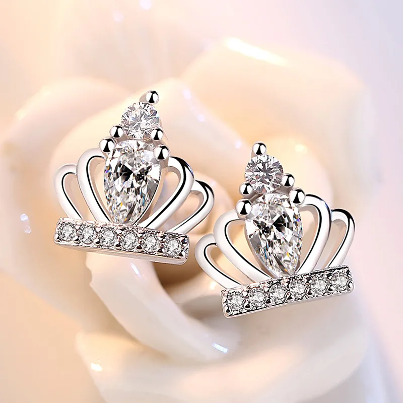 925 Sterling Silver High-quality Fashion Jewelry New Crystal Crown Stud Earrings For Women XY0273