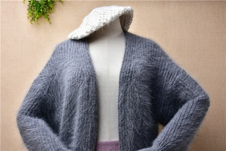 female women autumn winter clothing grey mink cashmere knitted striped long batwing sleeves loose short cardigan coat sweater