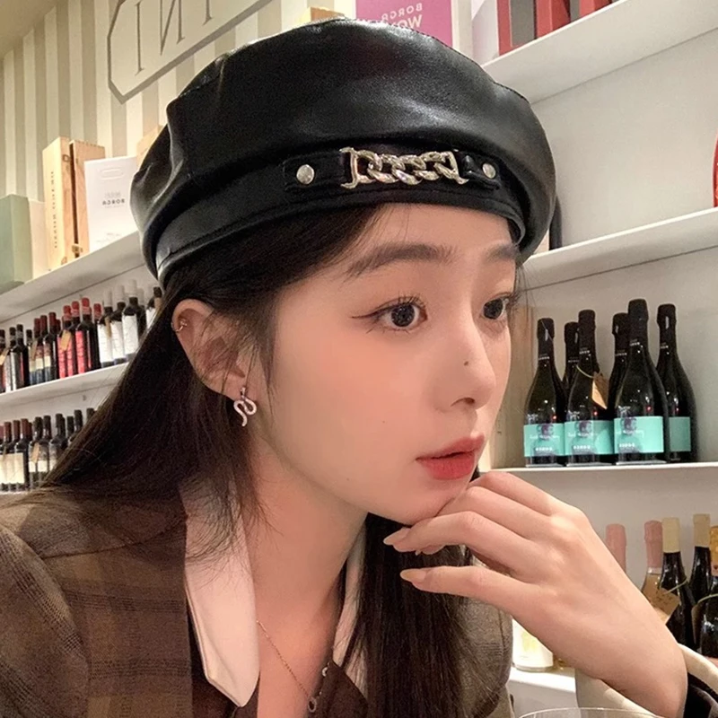 Women Fashion Vintage Elegant Metal Chain Leather Octagonal Beret Ladies Vintage Solid Colours Beret Caps