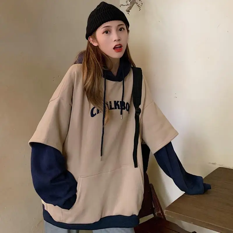 Women Fashion Korean Long Sleeve Patchwork Letter Print Hoodies Casual Pullover Preppy Style Fake 2-piece Hooded Sweatshirt Tops