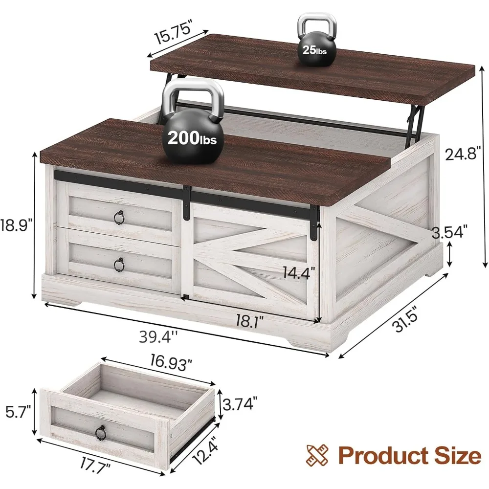 Large Square Farmhouse Style Coffee Table with Lift Top and Storage for Living Room, Ideal Hidden Space Solution