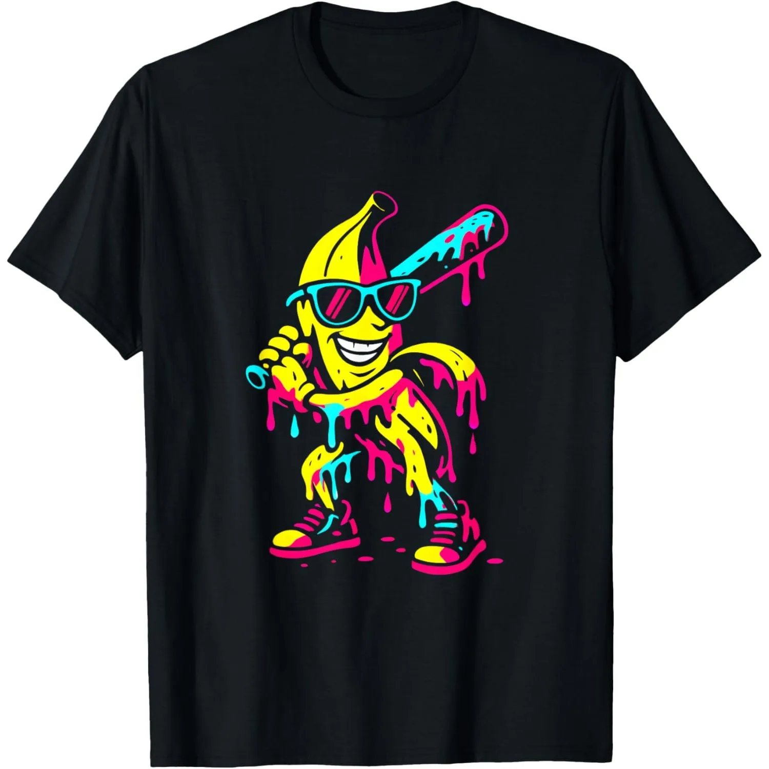 

Funny Dripping Banana Baseball Player Graphic Tee Cool Cartoon Summer Short Sleeve T-Shirt