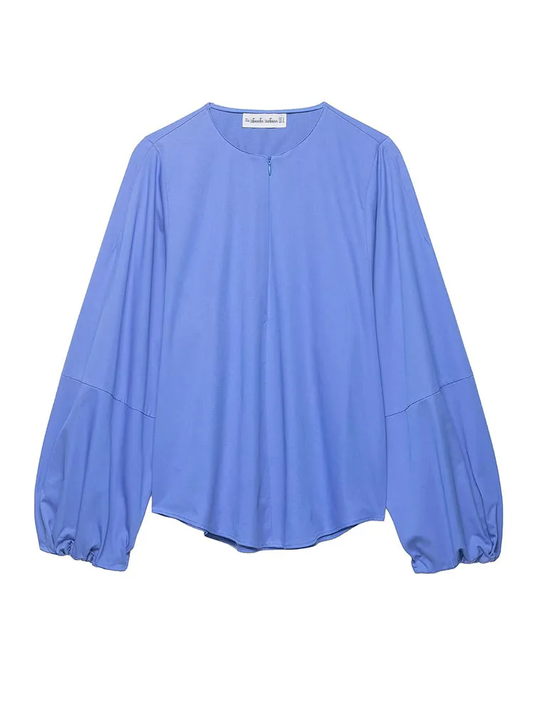 HH Damesmode Vintage Poplin-shirt met ronde hals en ballonmouwen Vrouwelijke High Street Casual Rits Lange mouw Pullover Tops Mujer