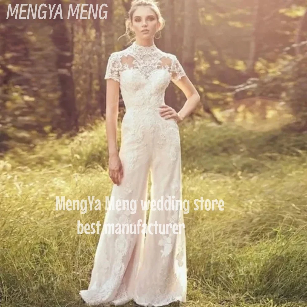 Vintage Jumpsuit Wedding Dresses Pants Suit Bridal Gowns Short Sleeve Button HIGH Lace Appliques Customized robe soirée mariage