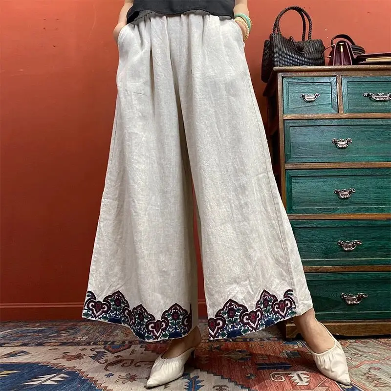 Ethnic Style Pants Chinese Style Embroidered Thin Wide-leg Pants Retro Versatile High-waisted Nine-point Pants for Women