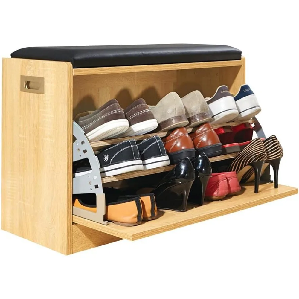 Wooden Shoe Cabinet Storage Bench w/Seat Cushion - Holds up to 12 Pairs, Natural