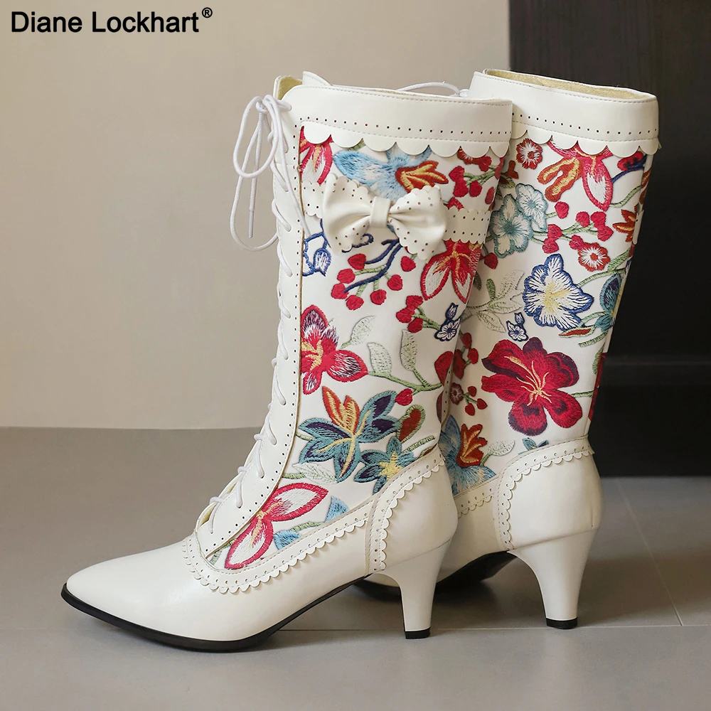 

Vintage Women's Print Lace Up Boots Victorian Pointed Toe Mid-Calf Boots for women elegant boot Spliced Ladies High Heel Shoes