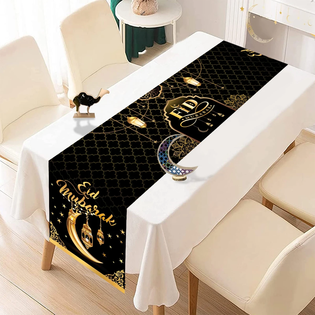 Eid Mubarak Moon Star Table Runner Eid Mubarak Decorations 2026 For Home Islamic Muslim Party Supplies Chandelier Table Cover