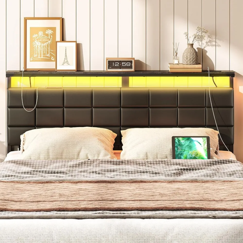 

Storage Rack with Charging Stations and LED Lights, PU Upholstery, Headboard with Open Storage Shelf, Adjustable Height