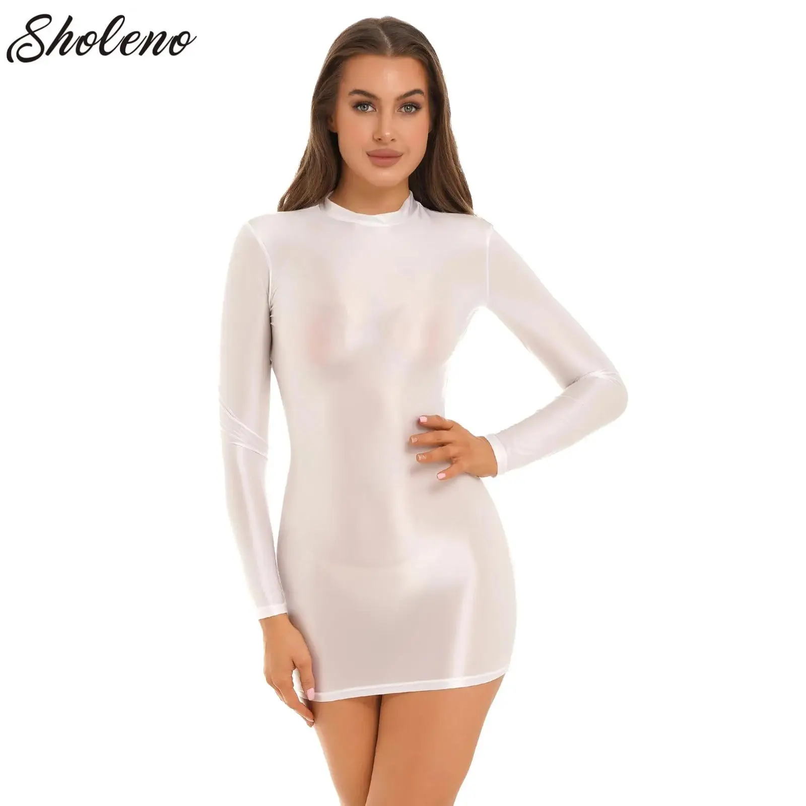 

Glossy Women Bodycon Dress Sexy Long Sleeve Stretch Skinny Mini Pencil Dress Tempting Lingerie Nightwear Club Rave Party Costume