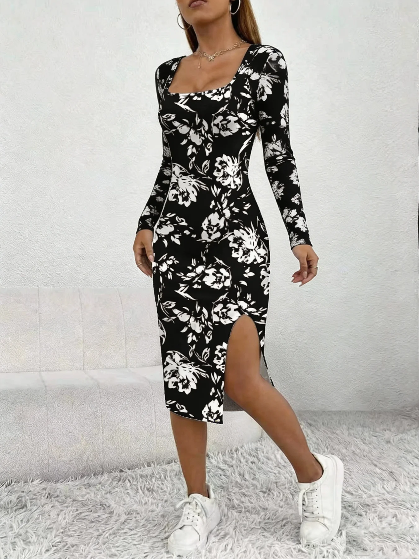 Elegantes Damenkleid mit Blumenmuster, quadratischem Ausschnitt, lässig, bequem, Herbstrockkleid, bodenlanges Abendkleid – Detail 8