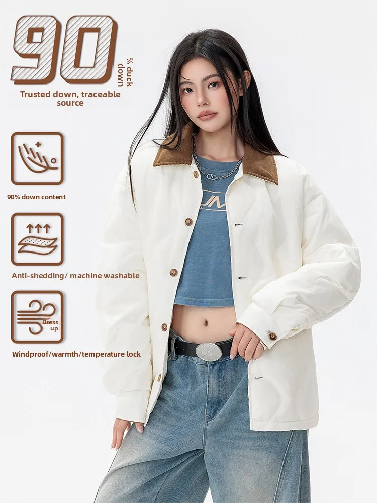 

Women's Quilted Down Jacket Color Block Corduroy Collar Casual Winter Coat Unisex Couples Parka