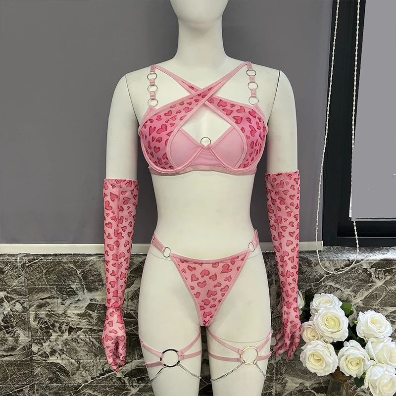 OMSJ-Ensemble de lingerie sexy en métal pour femmes, sous-vêtements roses, léopard, gants, boucle de jambe, vêtements de nuit, collection 2024