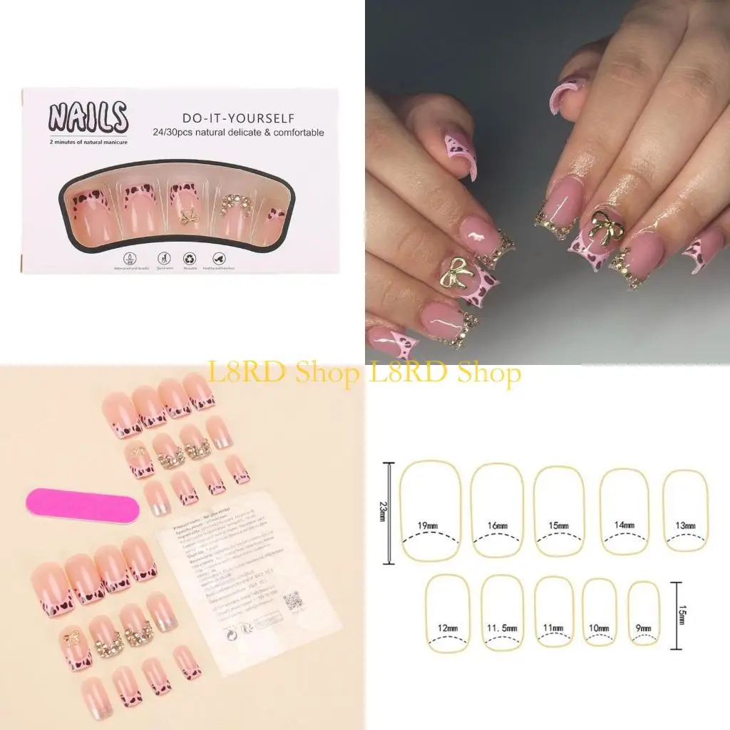 L8rd 24pcs Square Short Faux Français Presse mignonne sur bâton clous sur manucure clou avec des