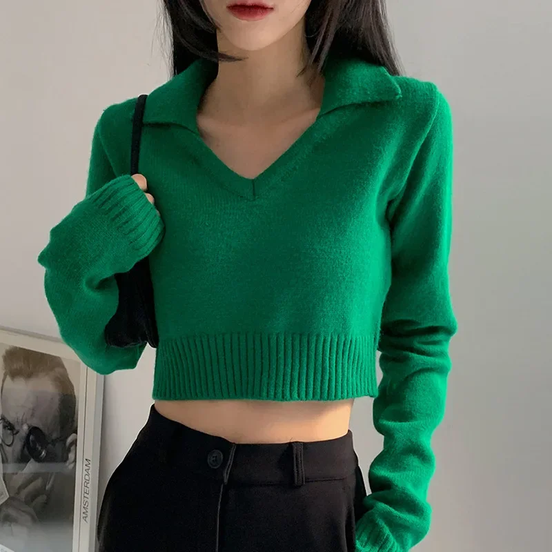 

Autumn and Winter Basic Lapel Sweater Women Korean Version of The Ins Temperament White V-neck Thin Short Crop Top Y2k Green