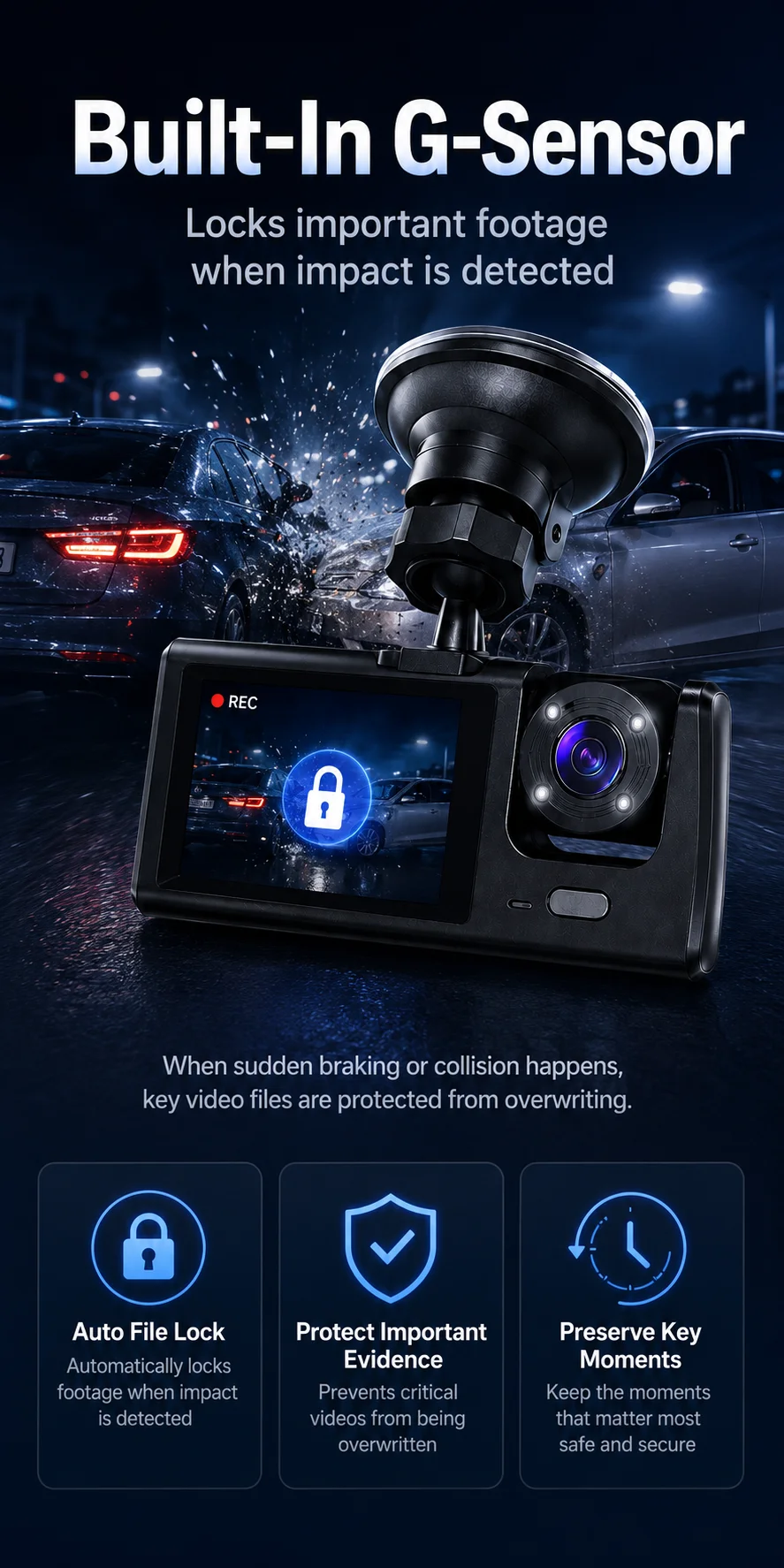 3 Channel Dash Cam 1080P Front Rear Inside Camera 170 Degree Wide Angle Night Vision Loop Recording G-Sensor Rear Camera Car DVR