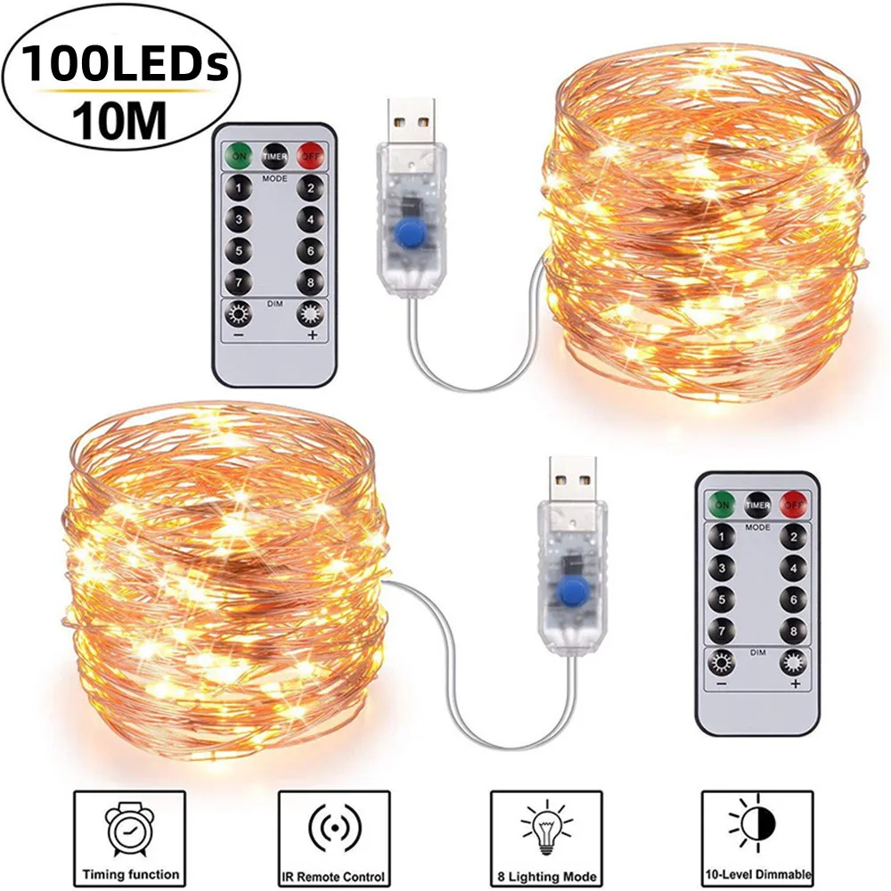 Guirnalda de luces LED con Control remoto, luces USB de 5M, 10M, 15M, 20M, 8 modos, 50/100/200LED, iluminación de boda y Navidad, decoración de lámpara