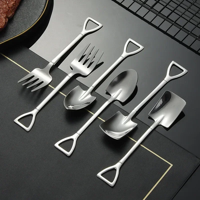 4pcs Coffee Spoon Cutlery Stainless Steel Retro Iron Shovel Ice Cream Spoon Scoop Creative Spoon Teaspoon Kitchen Tableware 12cm