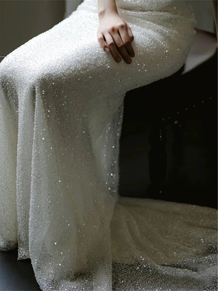

Ele White One-oulder Wedding Dr Fi-Tail Gown Bridal Entrance Ceremony Outfit Sparkling Sequins Simple Polyester