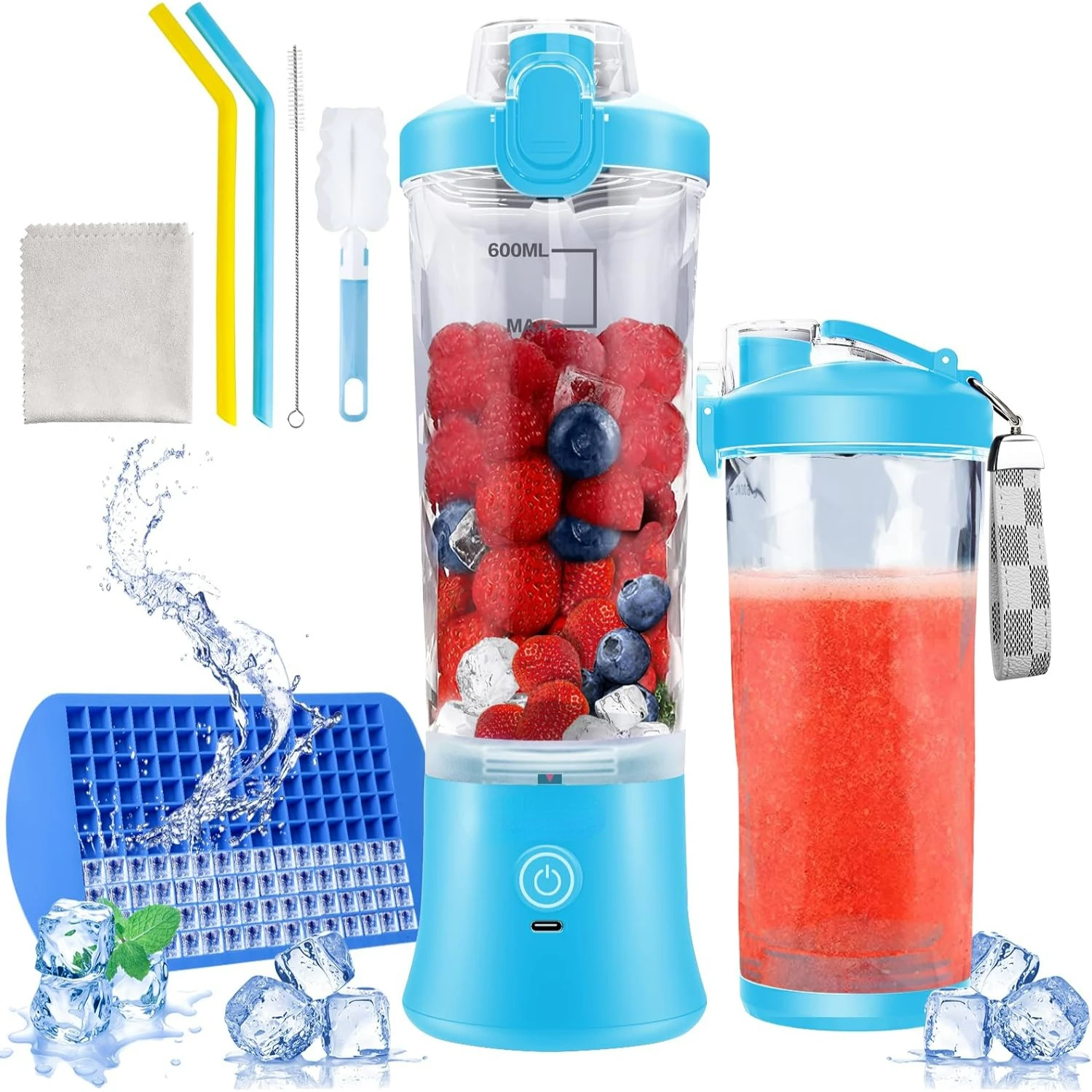 

Convenient Portable Blue Mini Rechargeable USB Blender - Powerful with 6 Sharp Blades and 20 Oz Cup - Ideal for Office, Gym, and