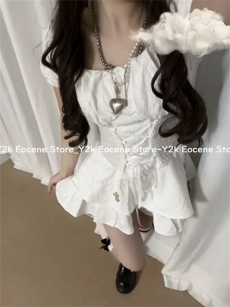 Summer White Two Piece Set Women Off Shoulder Lace Up Corset Top + Ruffle Mini Dress Suit Sweet Elegant Fairy Style Outfit 2025