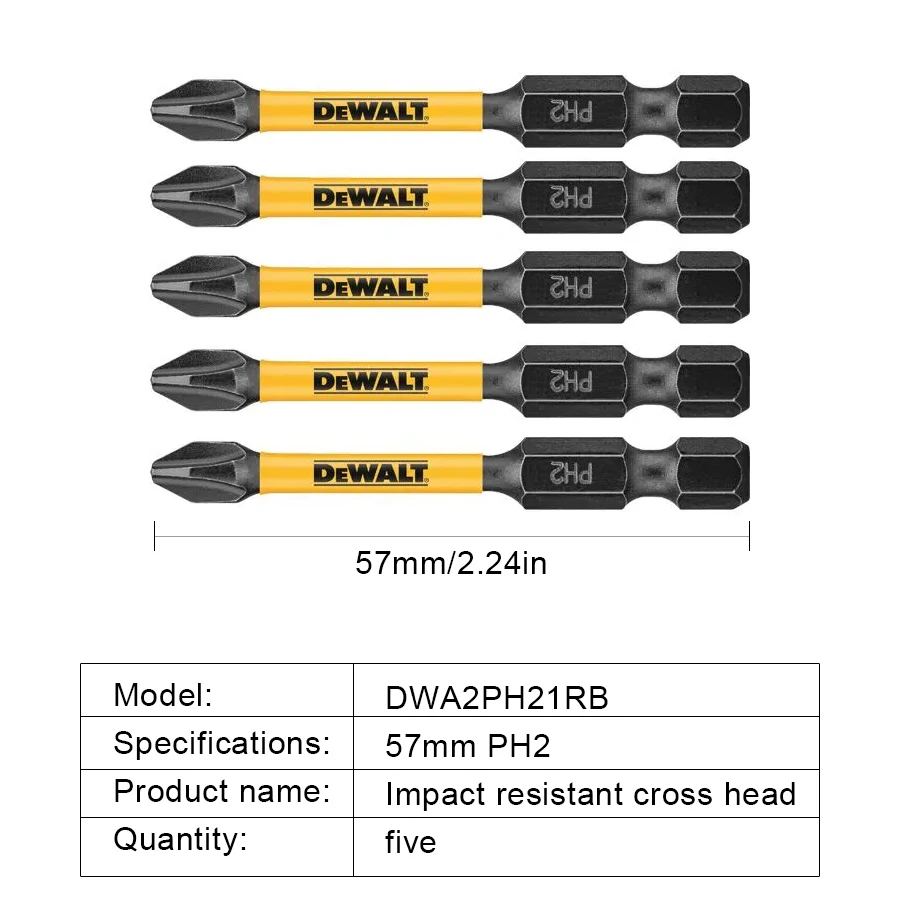 DEWALT Slagschroevendraaier Bits 2/5/10PCS PH2 57mm Originele Elektrische Schroevendraaier Slagvast Kruiskop DWA2PH21RB