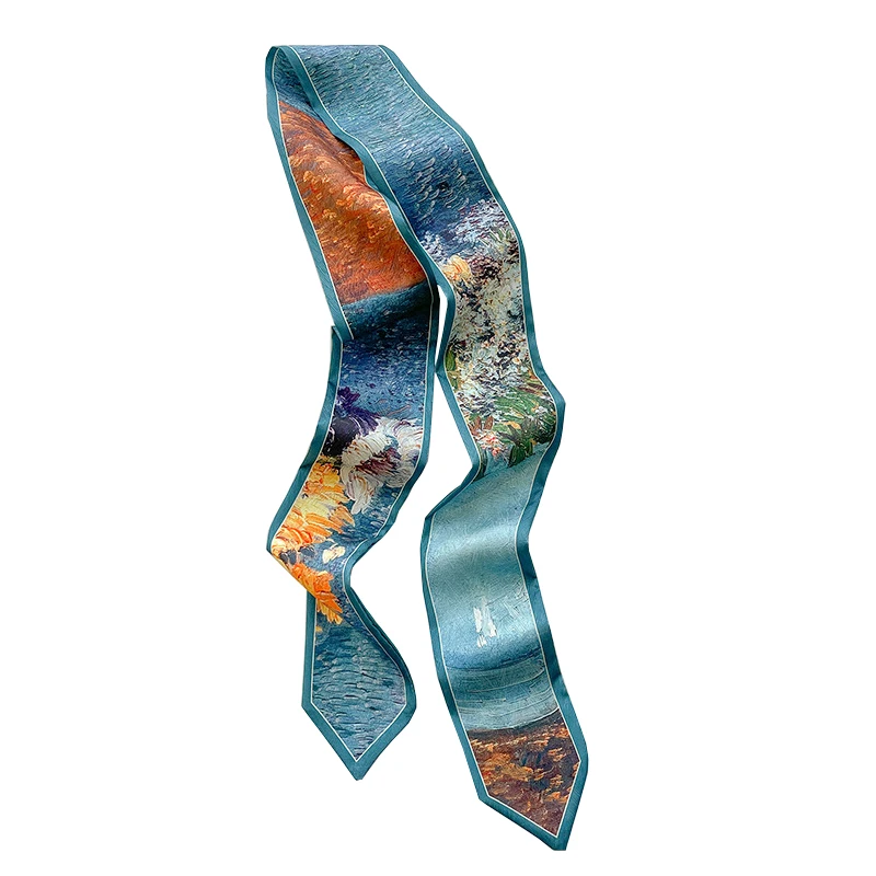 

Women Small Long Silk Neck Scarf Novel Double-Sided Different Printing Summer Headband bags Hats Ribbon Chic Satin Neckerchiefs