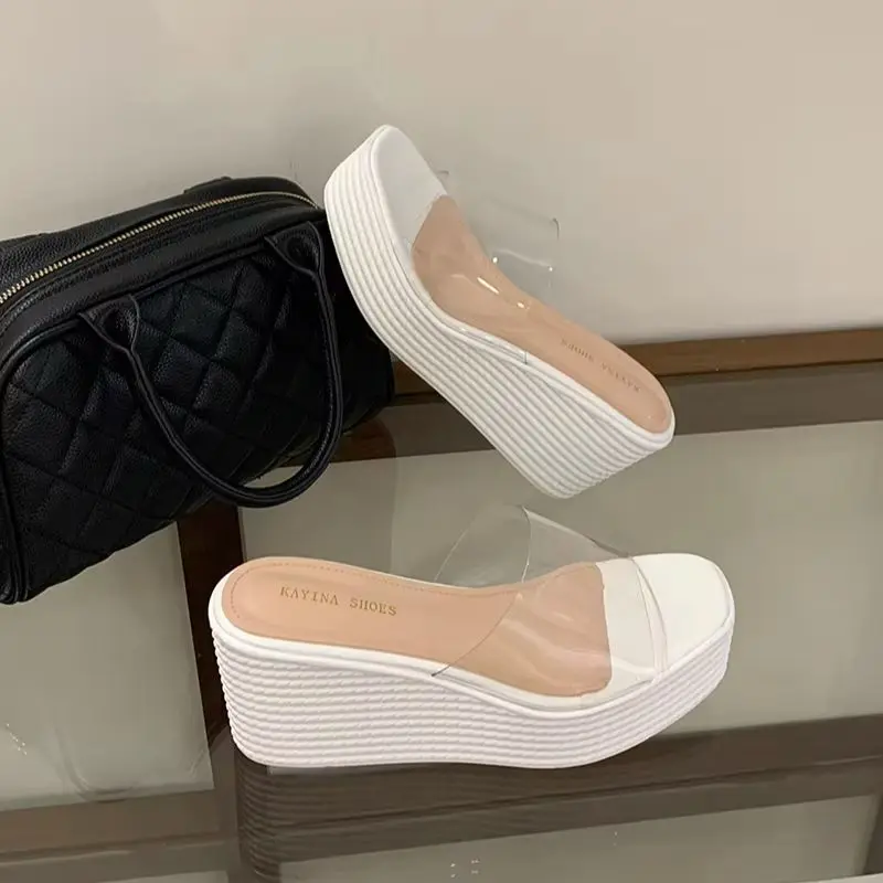 White Heels Slippers Transparent Platform Sandals Leisure Beach Shoes 8cm Wedge Heel Sandals Black Chunky Shoes For Woman view 5