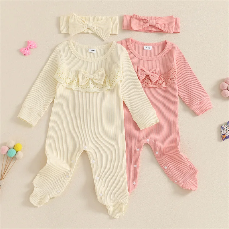 Cathery Infant Baby Girls Autumn Jumpsuits Solid Color Long Sleeve Round Neck Lace Trim Footed Rompers with Bow Headband 2025