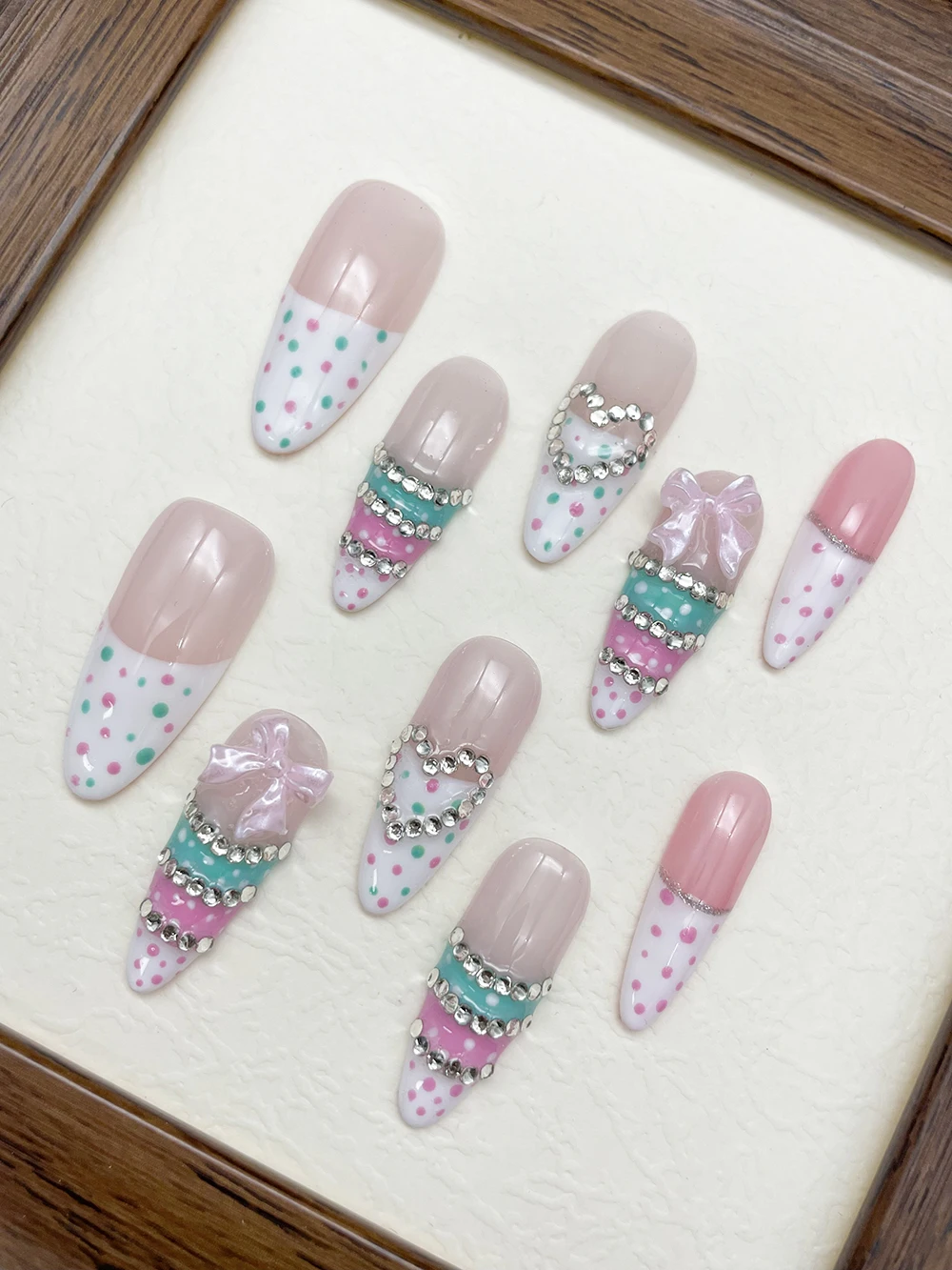 Handmade White French Diamond Long Ellipse Press On Nails Simple Pink Green Polka Dots Love Bowknot Fake Nails Sticker Gift