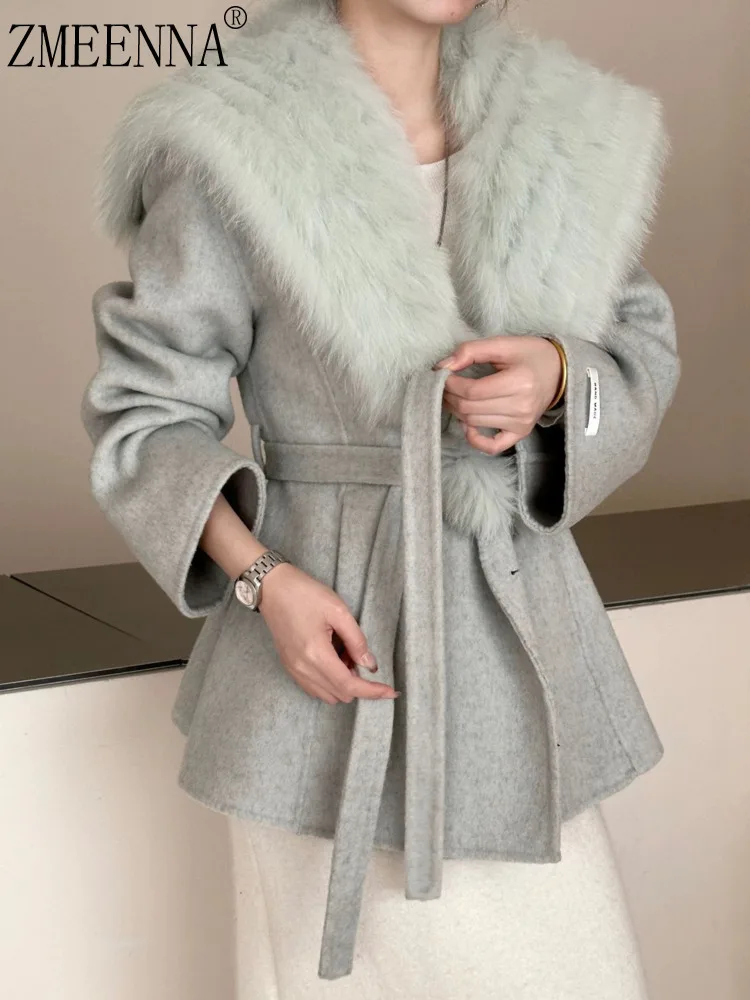 

ZMEENNA женское полупальто из смеси шерсти съемный светло-зеленый воротник из искусственного меха с поясом на талии элегантная зимняя верхняя одежда ZM4535