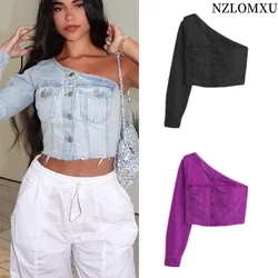 2024 Women's Asymmetrical Tops Denim One Shoulder Long Sleeve Pockets Single-Breasted Female New Fashion Summer Crop Tops