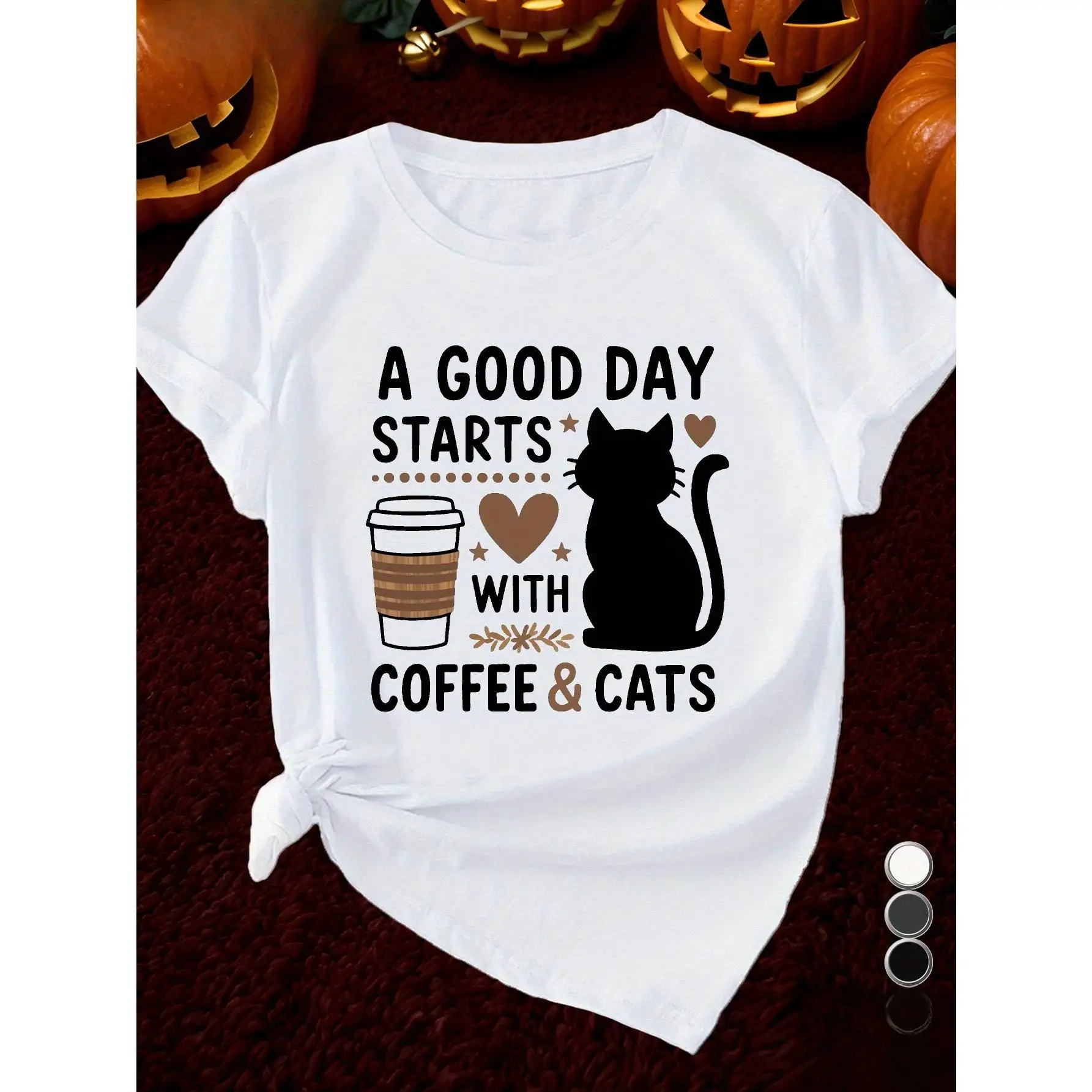 

Women's T-Shirt - Elegant Casual Short Sleeve With "A Good Day Starts With Coffee & Cats" Graphic, Geometric Pattern, Soft Breat