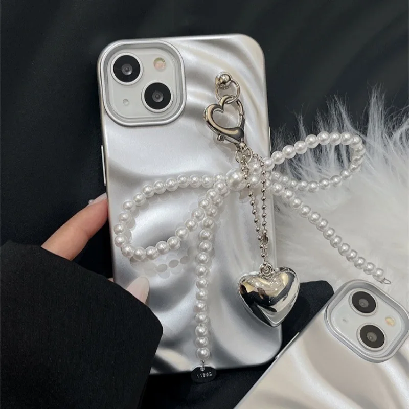 Fashion Bowknot Heart Bag Pandent Keychain Pearl Bow Backpack Key Ring Decoration Handmade Phones Ornament Bag Accessories